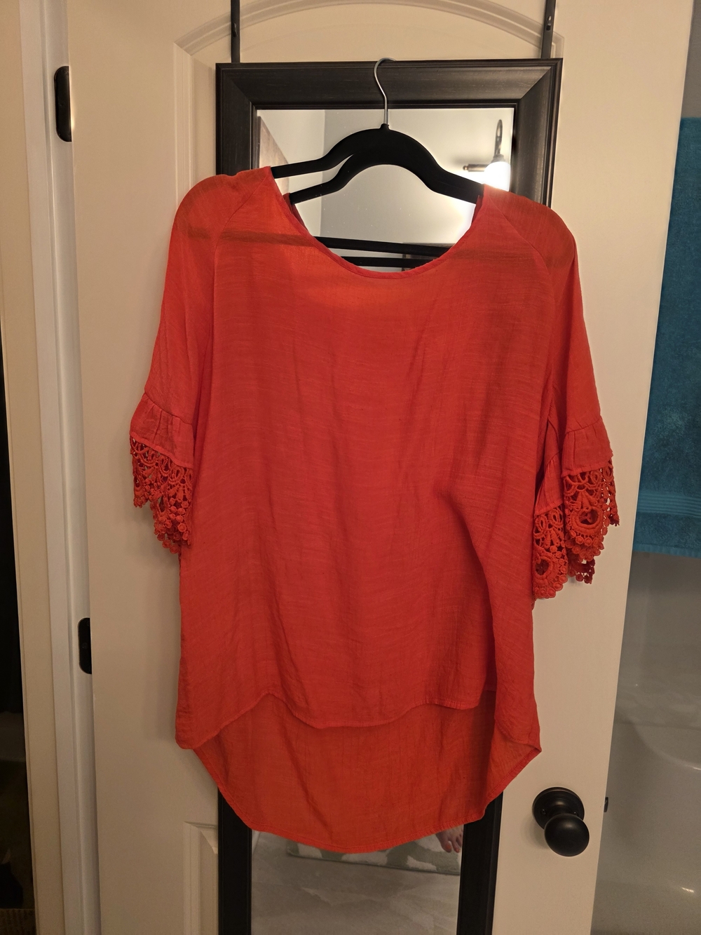 Est. 1946 Women's Crochet Sleeve Round-Neck Top in Bright Red